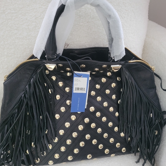 ￼￼￼￼￼￼￼￼￼Rebecca Minkoff Fringe Satchel Rylan Hobo Mediu Blak With Gold Studs - Picture 7 of 7
